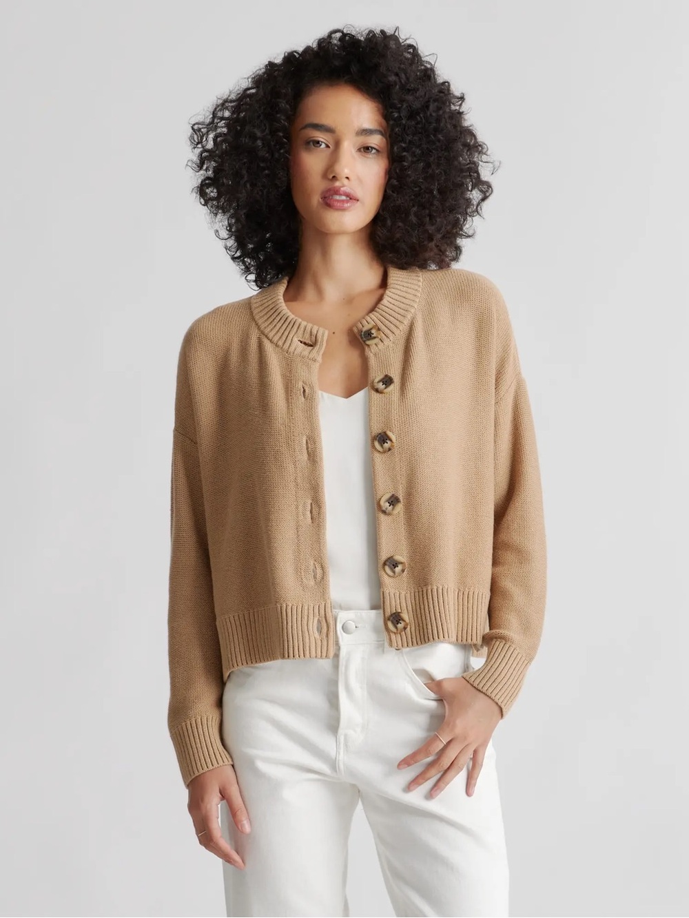 Quince 100% Organic Cotton Cropped Cardigan in Camel - Medium